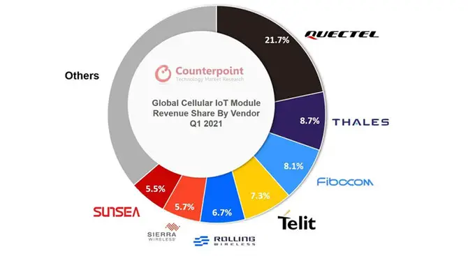 2021年Q4全球蜂窩物聯(lián)網(wǎng)模組收入同比增長58%